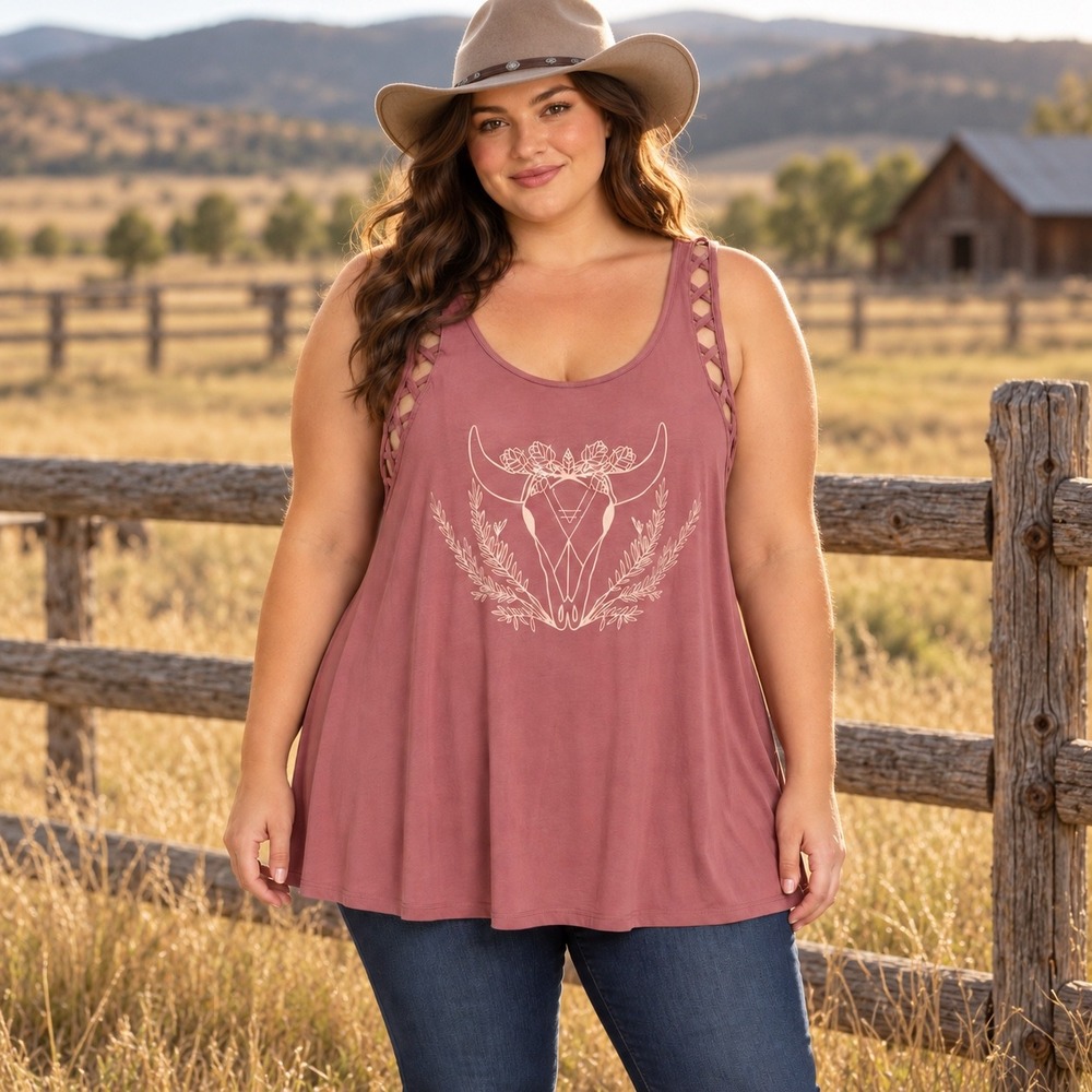 Torrid Western Tank Top Women Size's 2X Pink Bull Skull Lattice Strappy Graphic